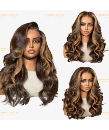 Perruque Body Wave Chatain Méché Blond Sans Colle Pré-Coupée Pour