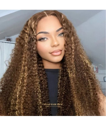 Perruque Kinky Curly Chatain Méché Blond Sans Colle avec Dentelle Pré-Coupée hantent personnes