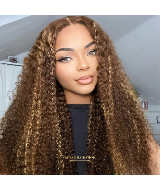 Perruque Kinky Curly Chatain Méché Blond Sans Colle avec Dentelle Pré-Coupée hantent personnes