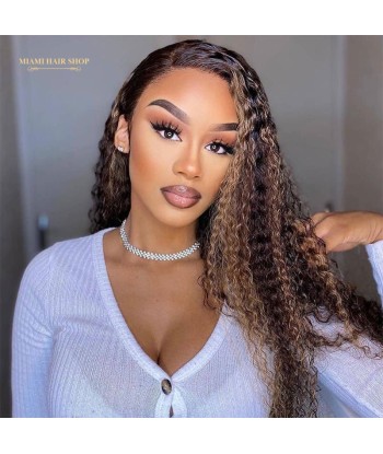 Perruque Kinky Curly Chatain Méché Blond Sans Colle avec Dentelle Pré-Coupée hantent personnes