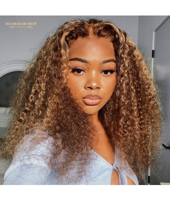 Perruque Kinky Curly Chatain Méché Blond Sans Colle avec Dentelle Pré-Coupée hantent personnes