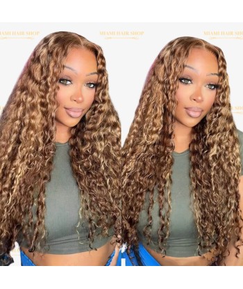 Perruque Deep Wave Chatain Méché Blond Sans Colle avec Dentelle Pré-Coupée pas chere