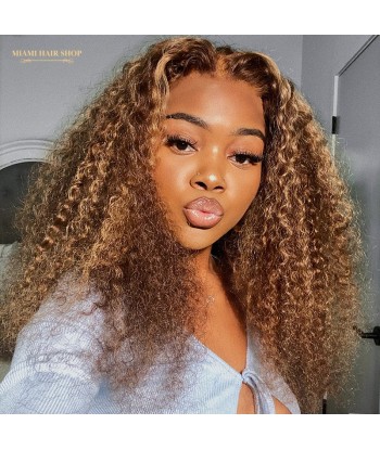 Perruque Kinky Curly Chatain Méché Blond Sans Colle avec Dentelle Pré-Coupée hantent personnes