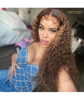 Perruque Kinky Curly Chatain Méché Blond Sans Colle avec Dentelle Pré-Coupée hantent personnes