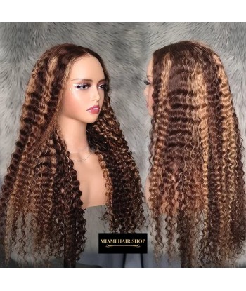 Deep Wave Chatain Méché blonde Perücke ohne Kleber mit vorgekoppelter Spitze sélection de produits